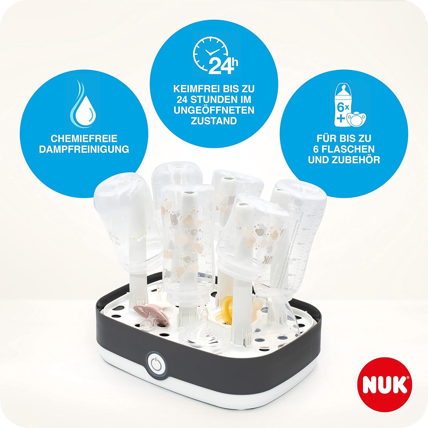 NUK Vario Express Flaschensterilisator | sterilisiert bis zu 6 Babyflaschen plus Zubehör in 6 Minuten auf Wasserdampfbasis | automatische Abschaltung | herausnehmbarer Korb & versetzbare Stäbe