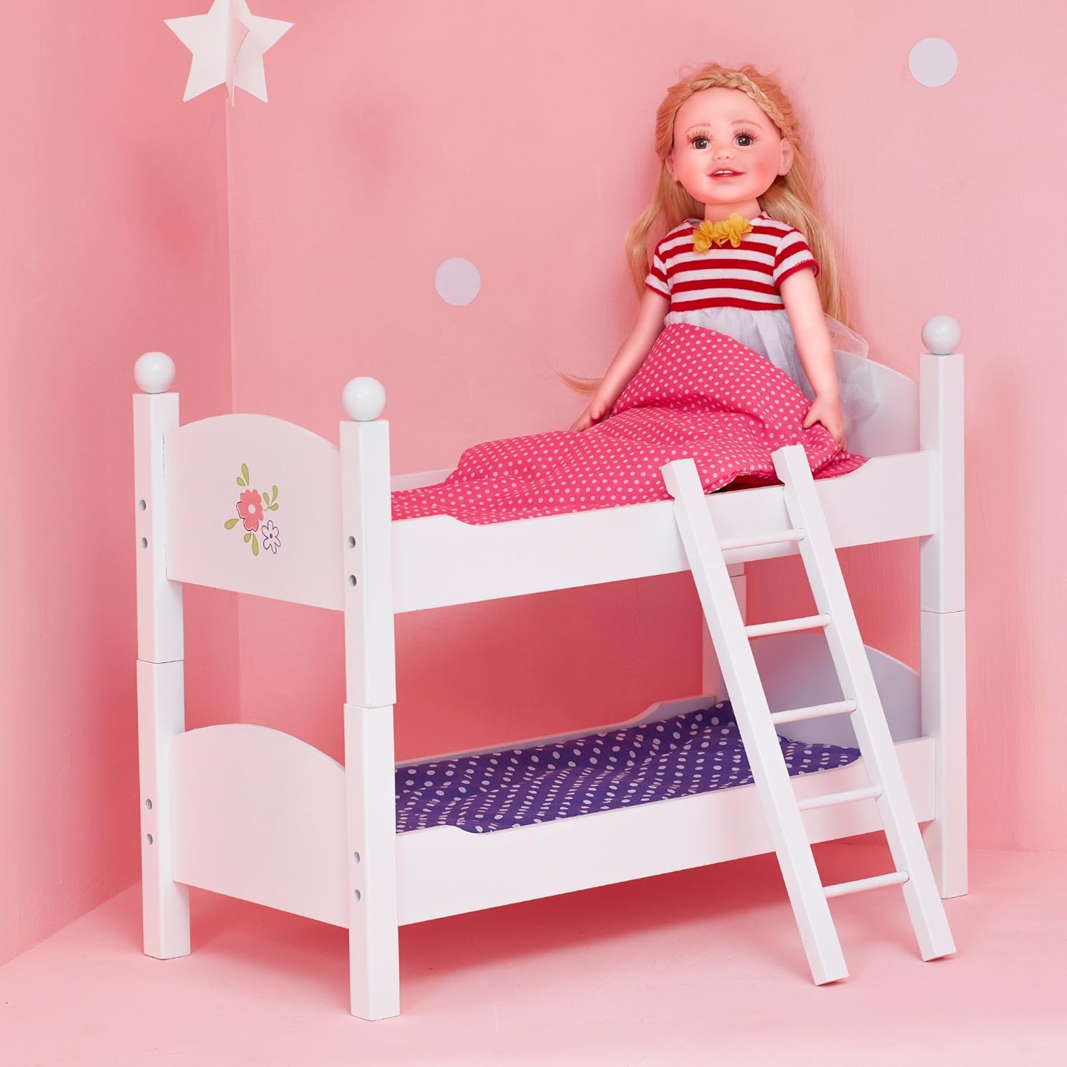Olivia's Little World 45,7 cm Puppen-Etagenbett aus Holz, umwandelbar oder ungestapelt als zwei Einzelbetten, Grau und Rosa und Lila