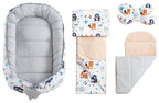 Medi Partners Kuschelnest-Set inklusive Babynest 90 x 50 herausnehmbarer Einsatz Flachkissen Krabbledecke Schmeterrling-Kissen Babys 100% Baumwolle, Boho Animals mit Beige Minky, 5 teilig