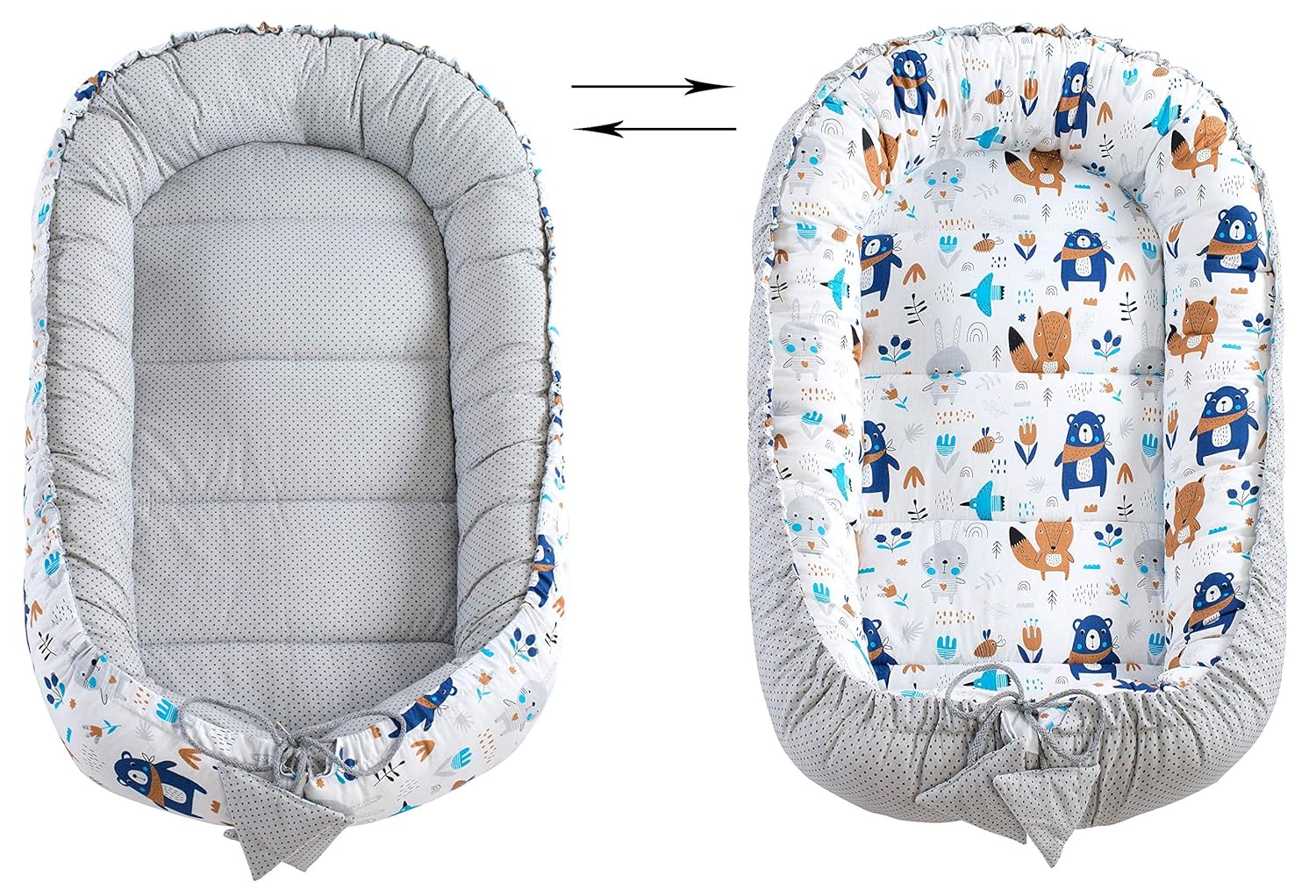 Medi Partners Kuschelnest-Set inklusive Babynest 90 x 50 herausnehmbarer Einsatz Flachkissen Krabbledecke Schmeterrling-Kissen Babys 100% Baumwolle, Boho Animals mit Beige Minky, 5 teilig